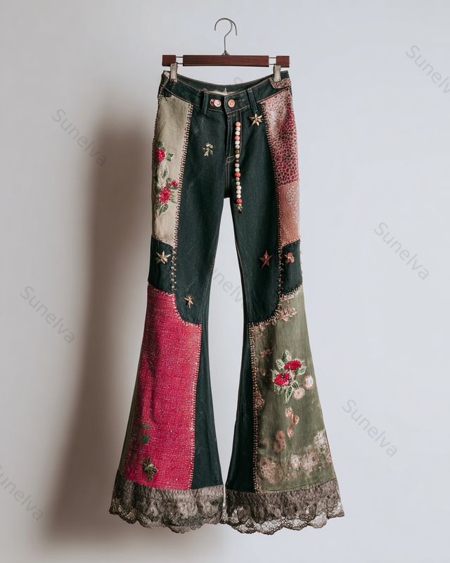 Spring/Summer Color Block Denim Linen Flared Pants3286