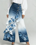 Women's Summer Elegant Floral Embroidery Ruffled Patchwork Gradient Denim Jeans  2934