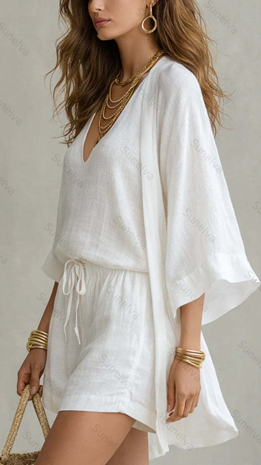 Women's  Linen-Blend Three-Piece Set (Kimono + Tank + Shorts) 2c34
