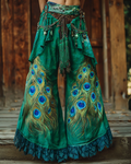 Women's Spring Outdoor Comfortable and Stylish Peacock Feather Print Cotton Linen Trousers 6564