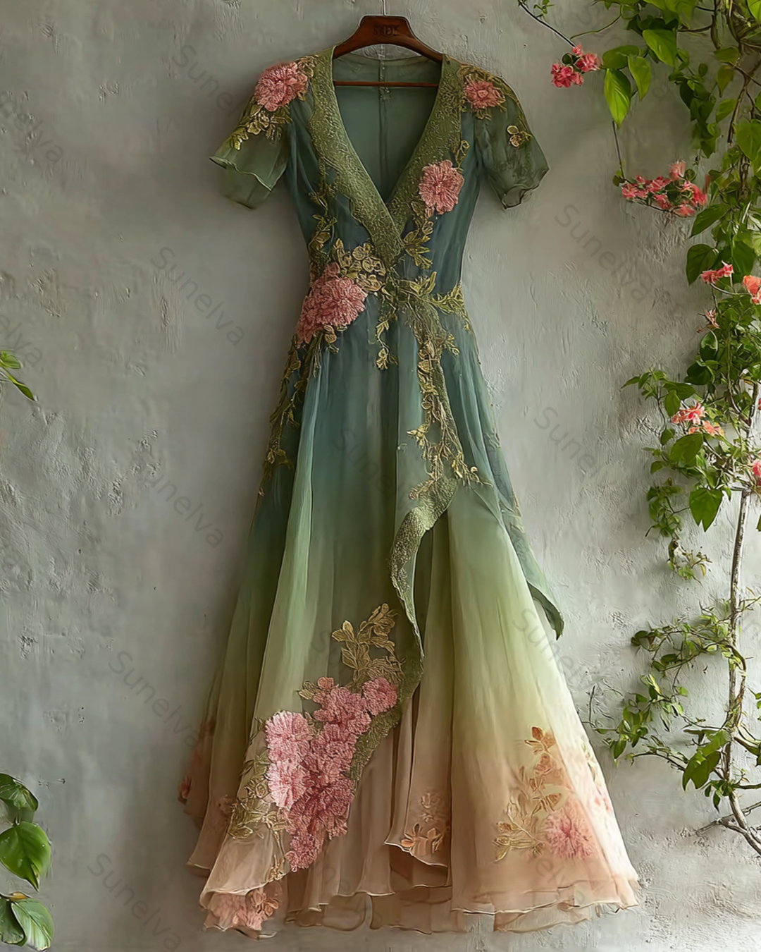 Women's Elegant Gradient Flowers Embroidery Irregular Mesh Dress 1226