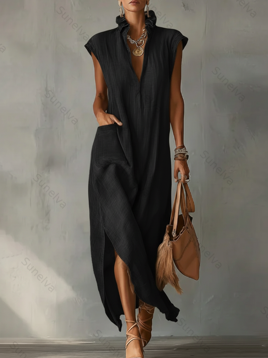 Women’s Ruffle Collar Cotton Linen Midi Dress – Elegant Summer Dress 5a17