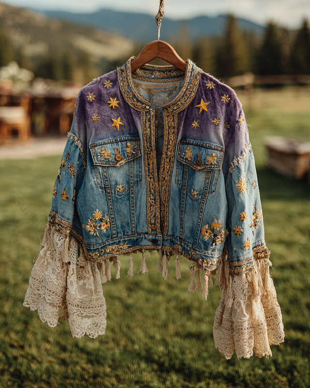 Spring/Summer Bohemian Style Color-Blocked Denim Linen Top8796