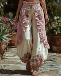 Women's Summer Fashion: Color-Blocked Floral-Embroidered Linen Trousers 7876