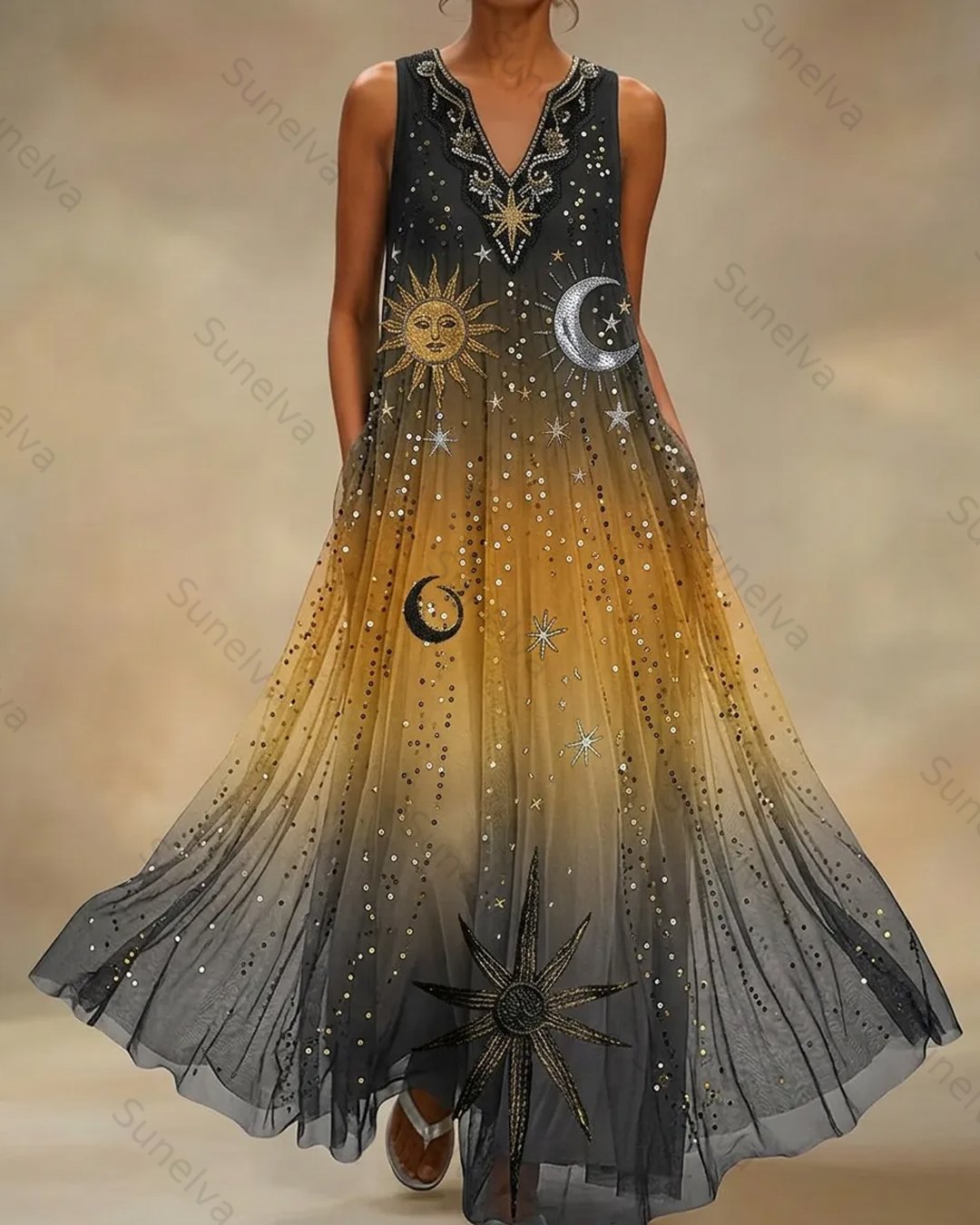 Women's Summer Elegant Star and Moon Embroidered Mesh Sleeveless Dress 3651