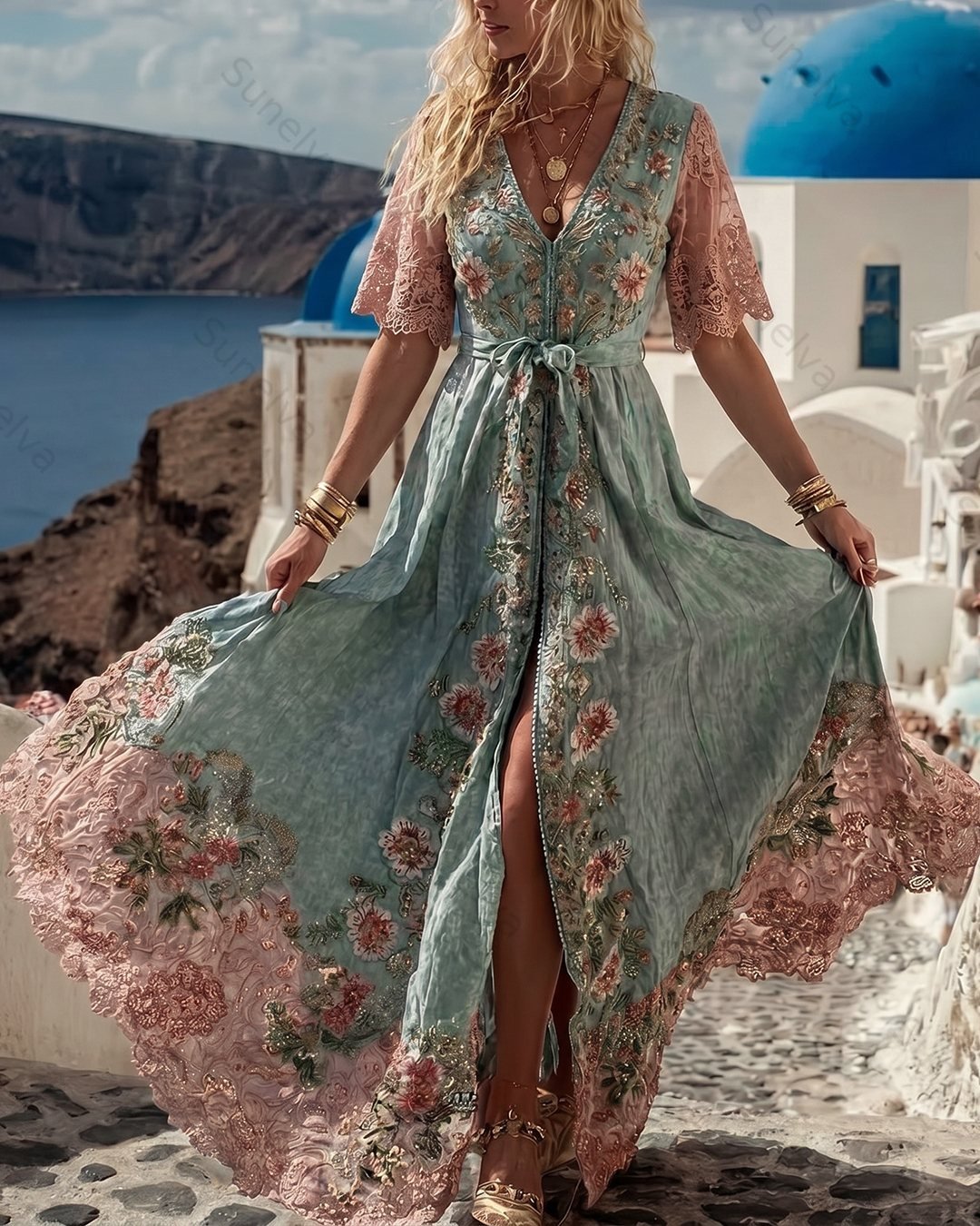 Women's Vacation Flowers Embroidery Linen Patchwork Dress 8986