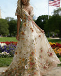 Women's Retro Bohemian Style Floral Embroidery Flowy Linen Maxi Dress  4285