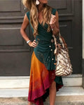 Women's Summer Elegant Star and Moon Embroidered Color-Blocked Dress  2064