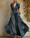 Women's Summer Vacation Flowers Embroidery Linen Patchwork Dress 8601