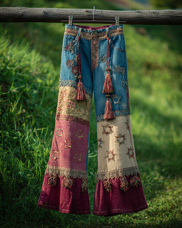 Spring/Summer Color Block Denim Linen Flared Pants9142