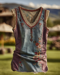 Spring/Summer Bohemian Style Color-Blocked Denim Linen Top4514