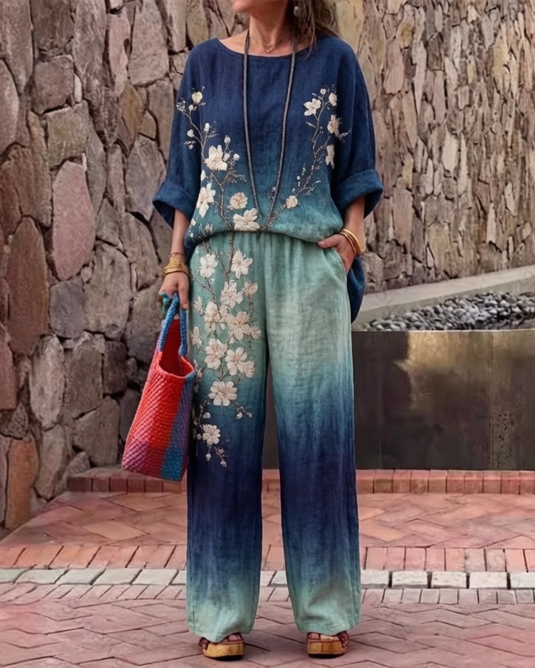 Women's Summer Resort Floral Embroidery Tie-Dye Gradient Linen Short-Sleeve Top & Pants Two-Piece Set 1356