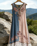 Women's Spring Elegant Floral Embroidery Color-Blocked Linen Dress 1627