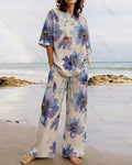 Women's Summer Resort Floral Embroidered Linen short-sleeved top & Pants Two-Piece Set   3711