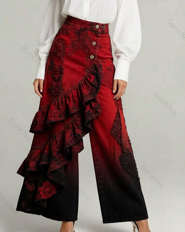 Women's Summer Elegant Floral Embroidery Ruffled Patchwork Gradient Denim Jeans  7983