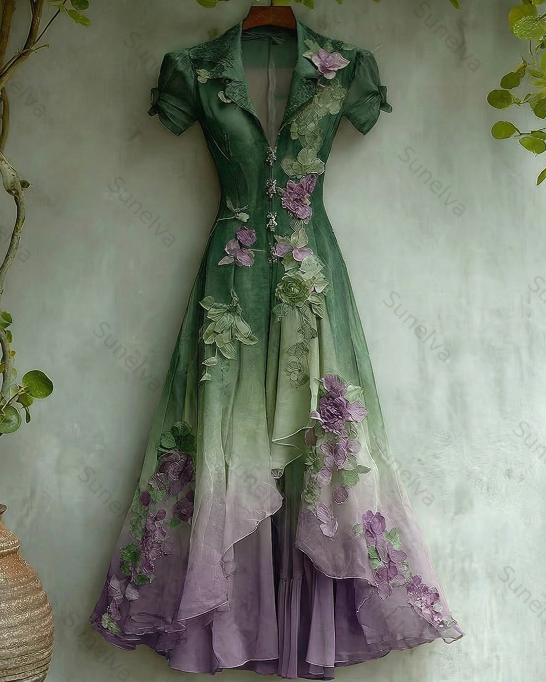 Women's Elegant Gradient Flowers Embroidery Irregular Mesh Dress 5778