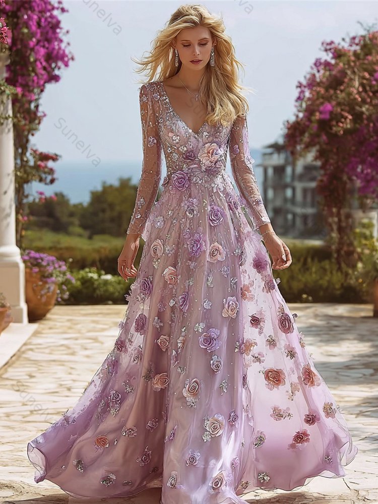 Boho Purple Roses Embroidered V Neck Flowy Maxi Dress 458c