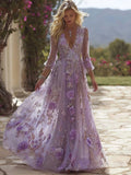 Glitter Boho Purple Roses Embroidered Flowy Maxi Dress dc14
