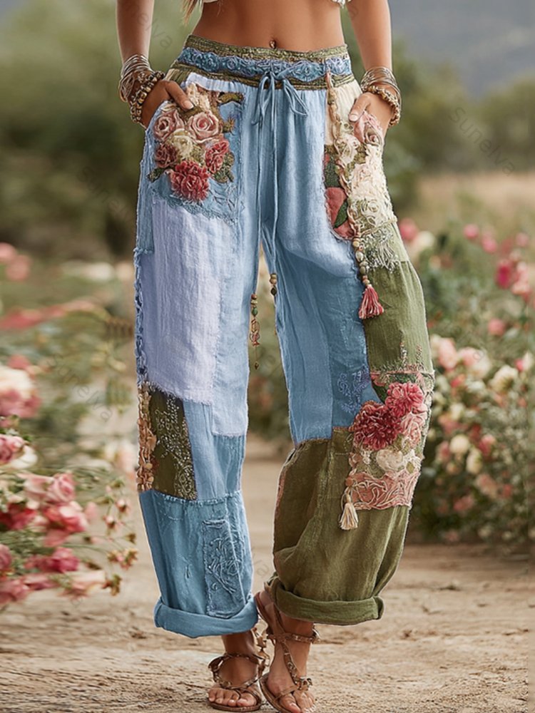 Love & Health Collection Retro Rose And Floral Patchwork Art Linen Pants b32c