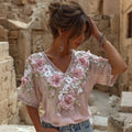 Women's Vintage Roses Embroidered Art V-neck Short Sleeved T-shirt a5ec
