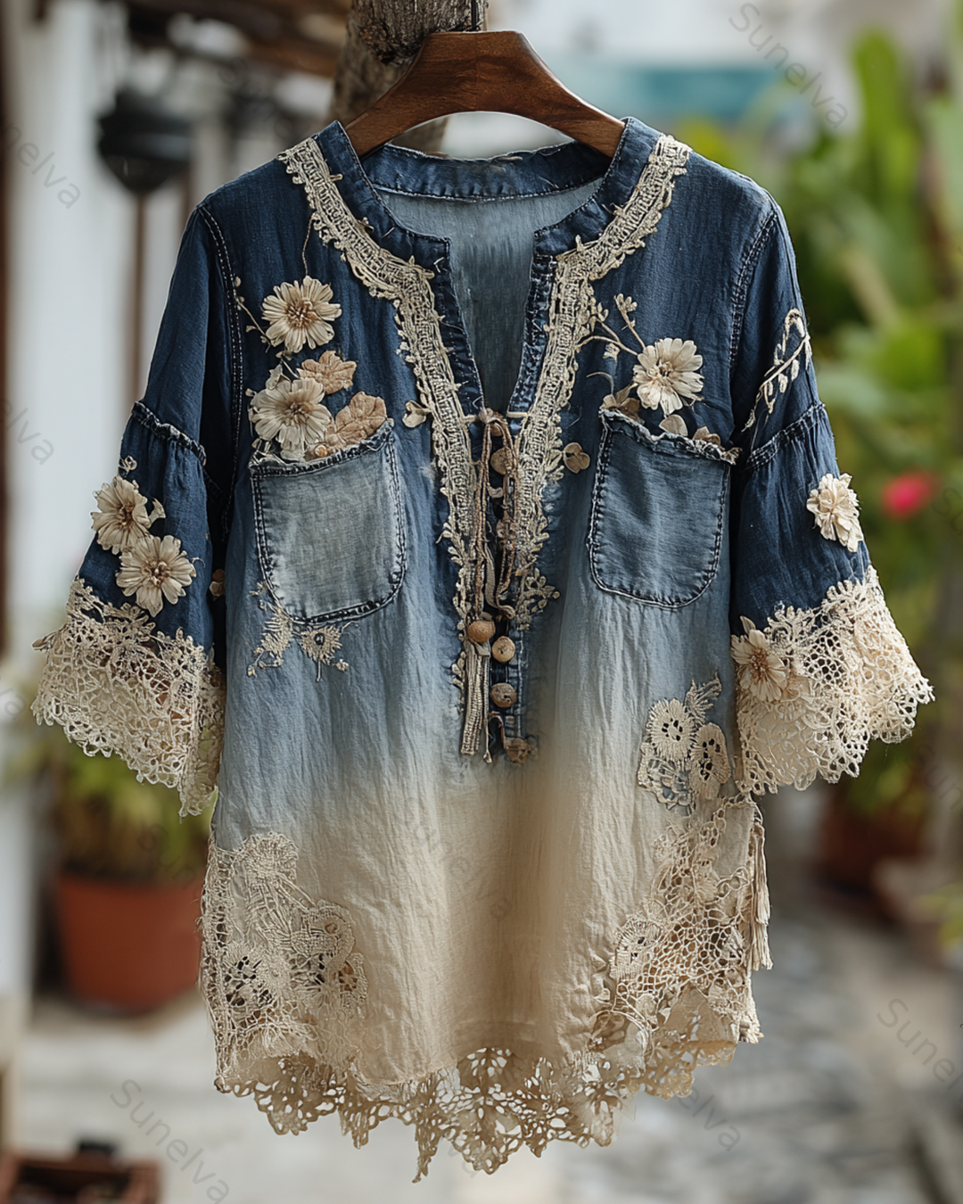 Women's Tie-dye Gradient Lace Patchwork Flowers Embroidery Blouse 4963