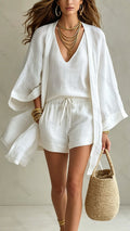 Women's  Linen-Blend Three-Piece Set (Kimono + Tank + Shorts) 2c34