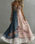Women's Spring Elegant Floral Embroidery Color-Blocked Linen Dress 4793