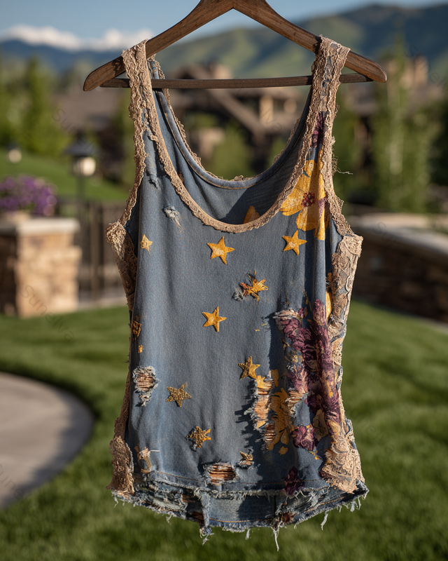 Spring/Summer Color Block Denim Cotton Linen Embroidered Top7273